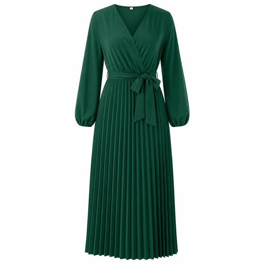 Women's Pleated Wrap V-Neck Maxi Dress