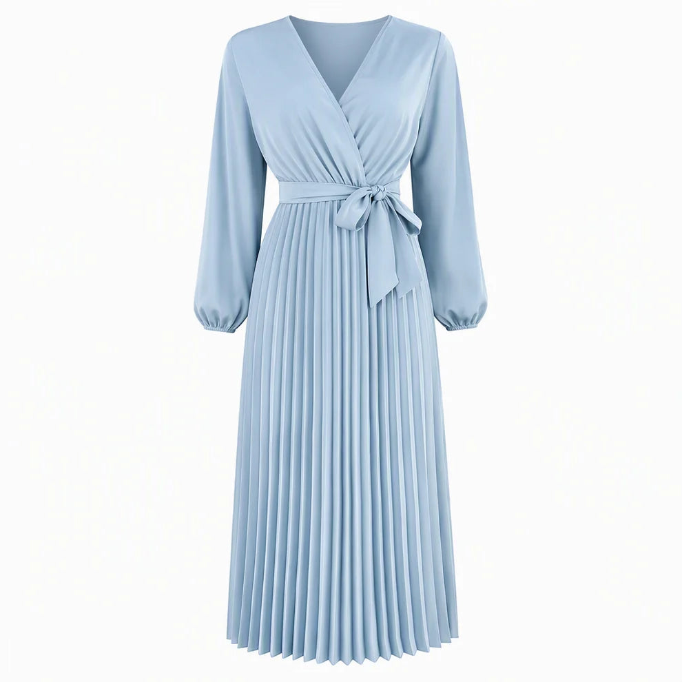 Women's Pleated Wrap V-Neck Maxi Dress