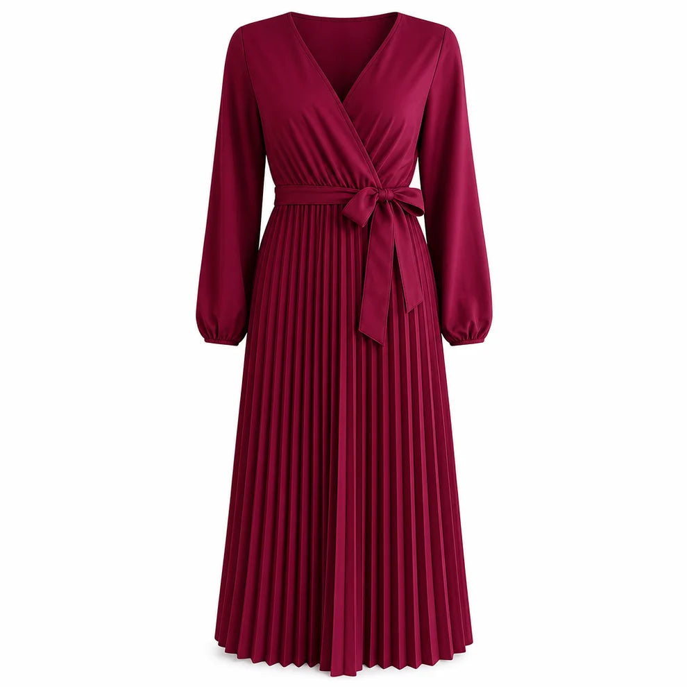 Women's Pleated Wrap V-Neck Maxi Dress