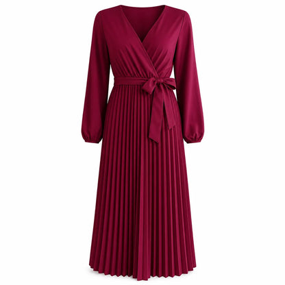 Women's Pleated Wrap V-Neck Maxi Dress