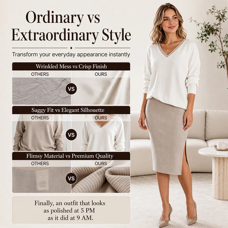 Women's V-Neck Top & Ribbed Skirt Set