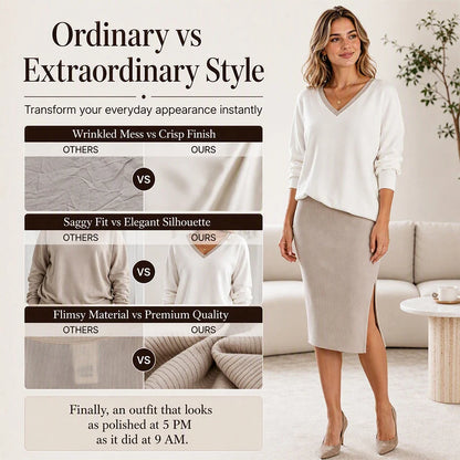Women's V-Neck Top & Ribbed Skirt Set