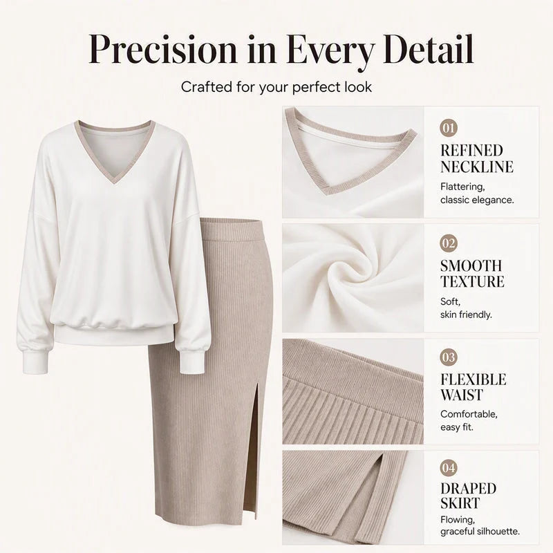 Women's V-Neck Top & Ribbed Skirt Set