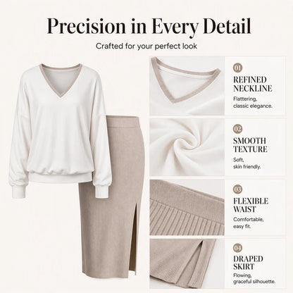 Women's V-Neck Top & Ribbed Skirt Set