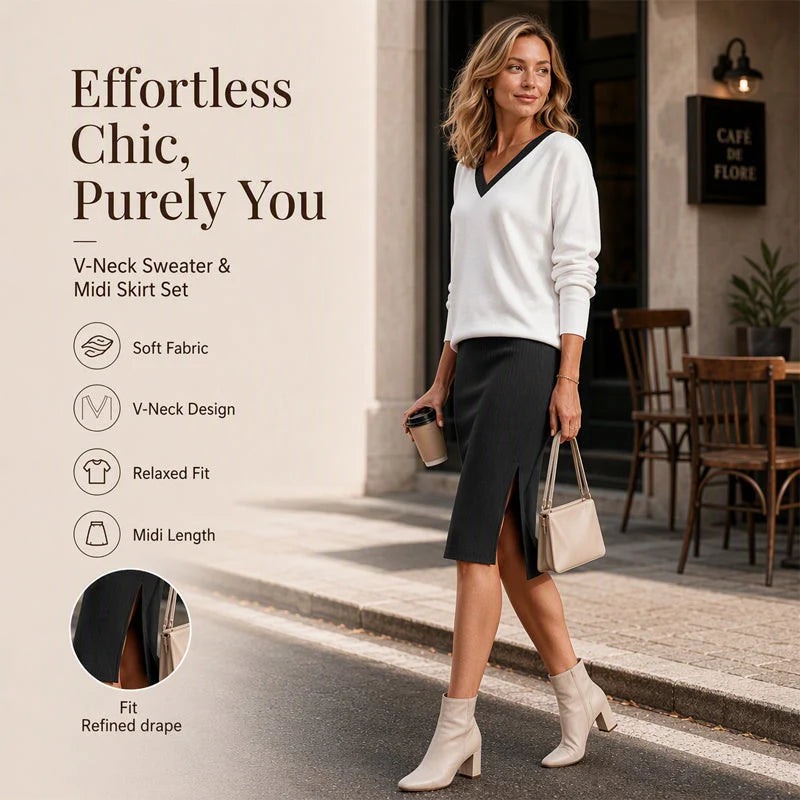 Women's V-Neck Top & Ribbed Skirt Set