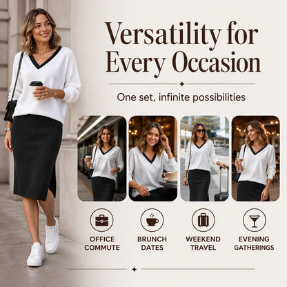 Women's V-Neck Top & Ribbed Skirt Set