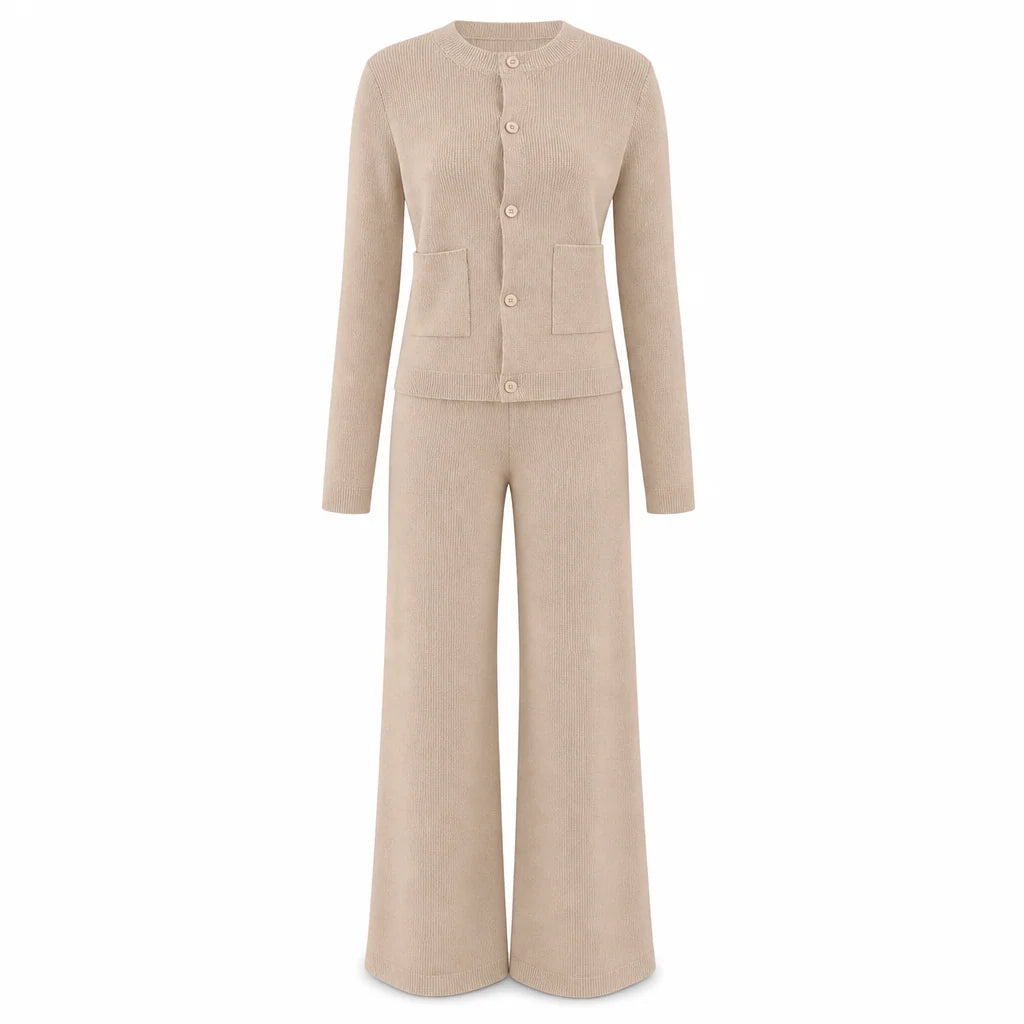Women's Elegant Ribbed Knit Cardigan & Wide-Leg Trouser Set