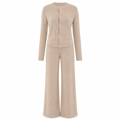 Women's Elegant Ribbed Knit Cardigan & Wide-Leg Trouser Set