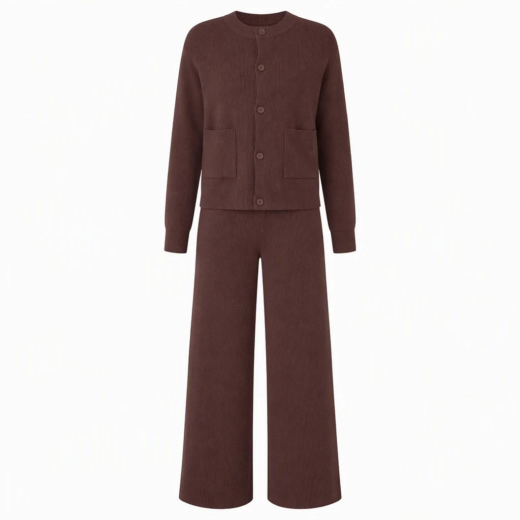 Women's Elegant Ribbed Knit Cardigan & Wide-Leg Trouser Set