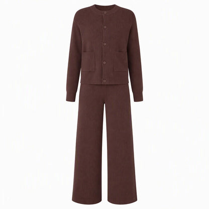 Women's Elegant Ribbed Knit Cardigan & Wide-Leg Trouser Set