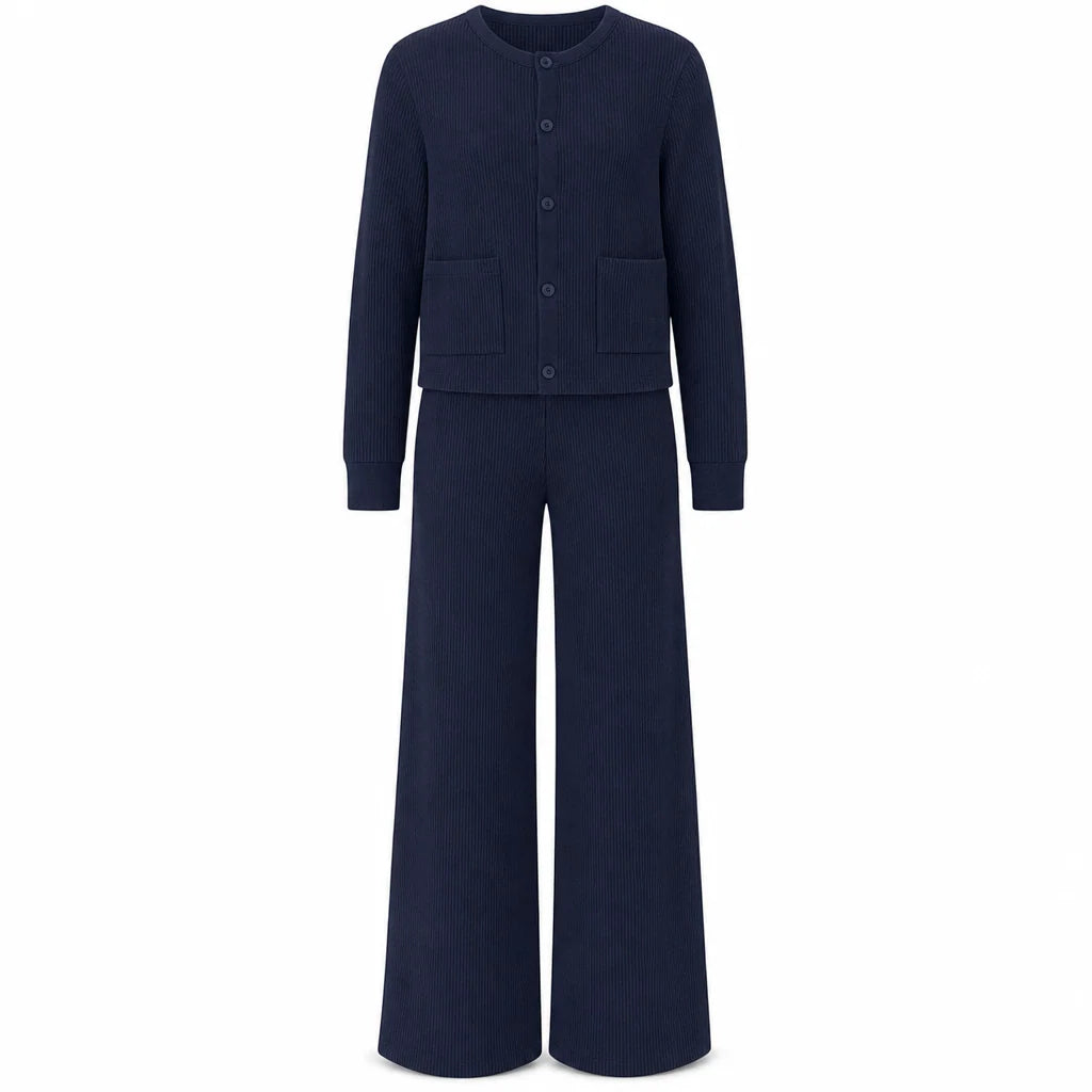 Women's Elegant Ribbed Knit Cardigan & Wide-Leg Trouser Set