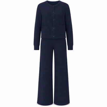 Women's Elegant Ribbed Knit Cardigan & Wide-Leg Trouser Set