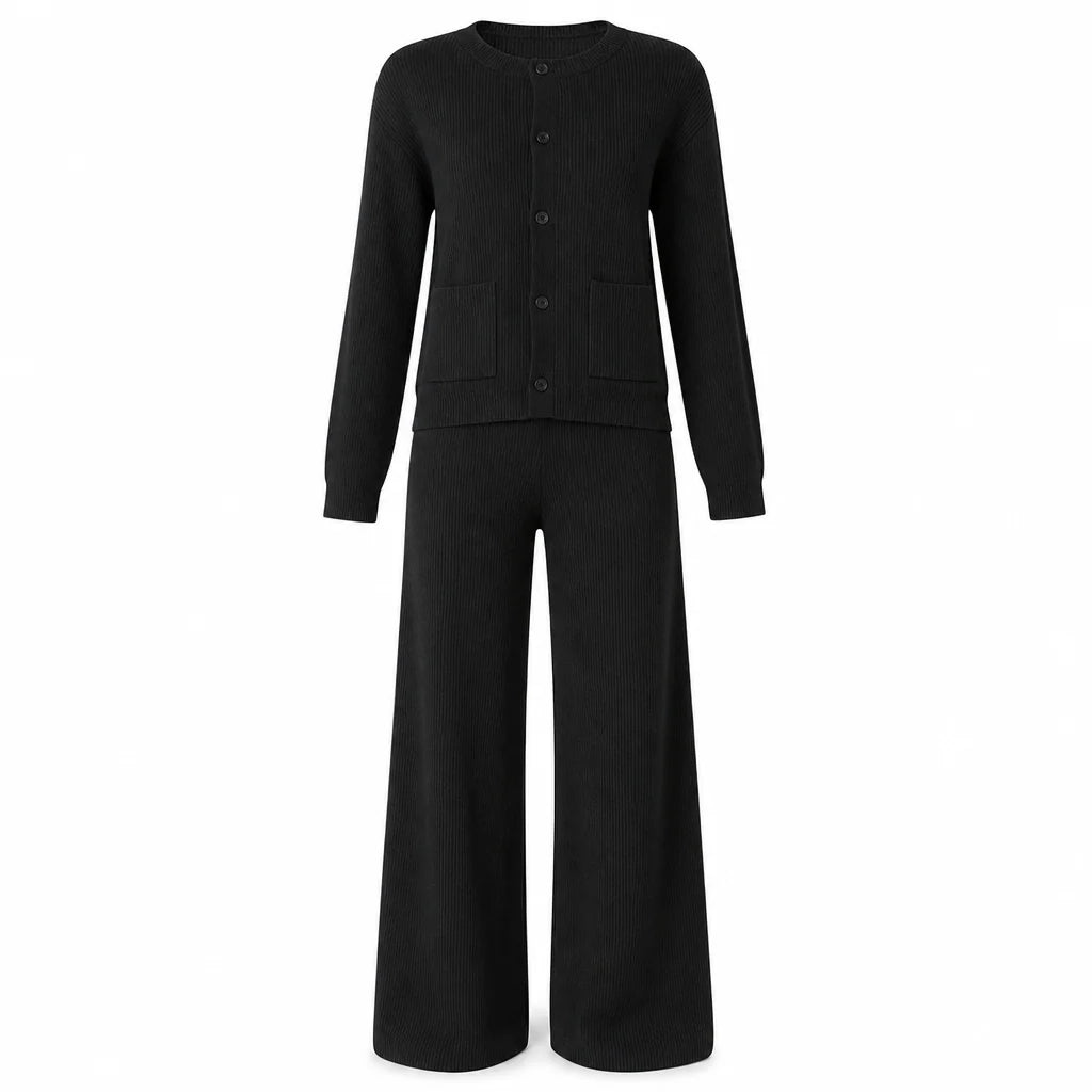 Women's Elegant Ribbed Knit Cardigan & Wide-Leg Trouser Set