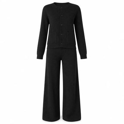 Women's Elegant Ribbed Knit Cardigan & Wide-Leg Trouser Set