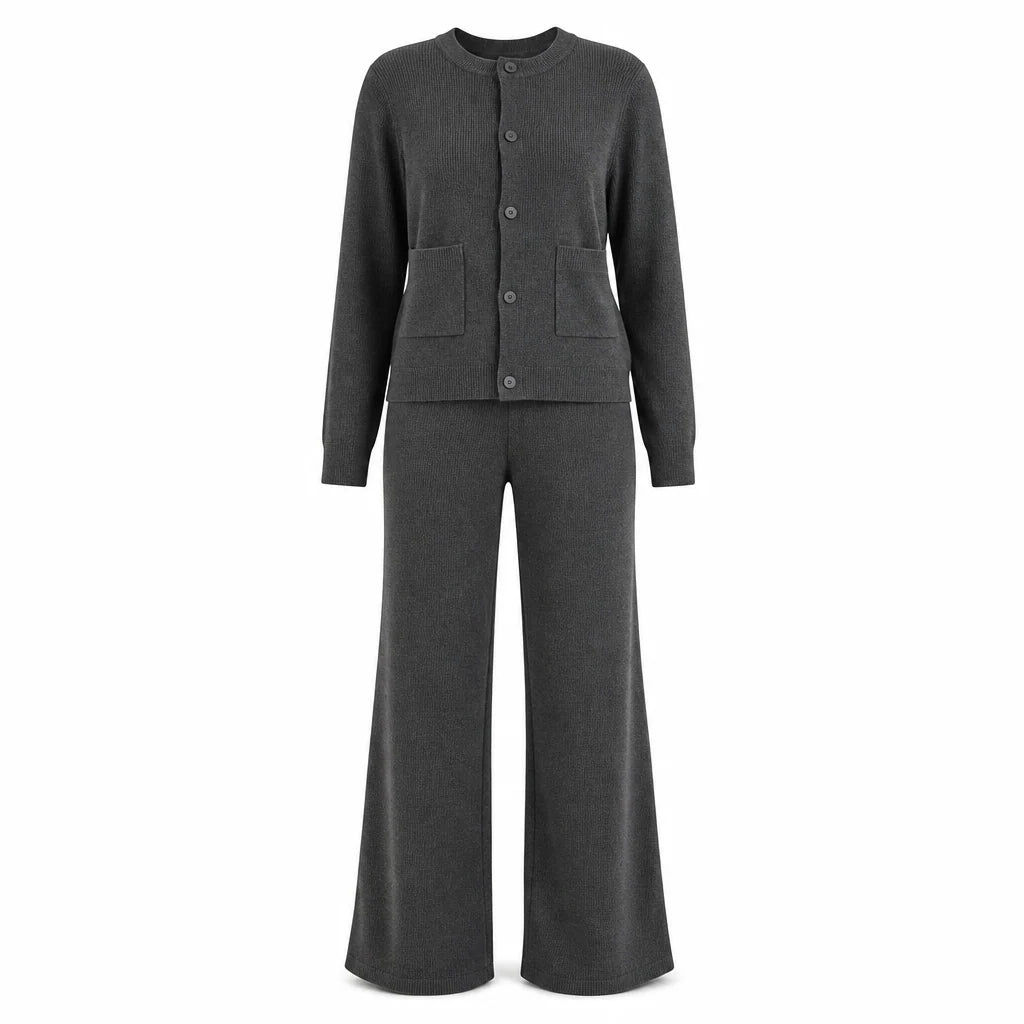 Women's Elegant Ribbed Knit Cardigan & Wide-Leg Trouser Set