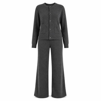Women's Elegant Ribbed Knit Cardigan & Wide-Leg Trouser Set