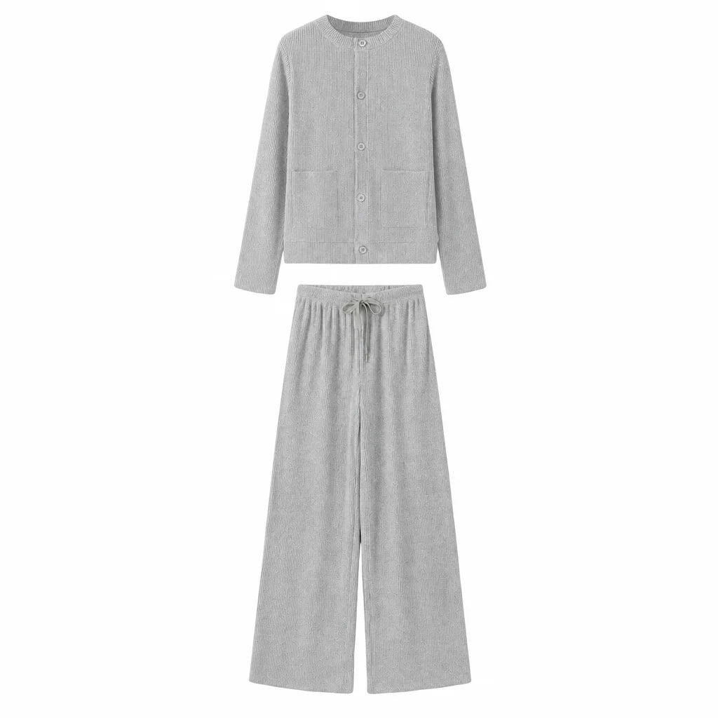 Women's Elegant Ribbed Knit Cardigan & Wide-Leg Trouser Set