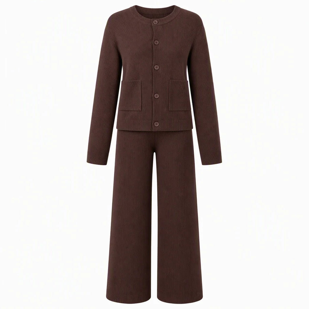 Women's Elegant Ribbed Knit Cardigan & Wide-Leg Trouser Set