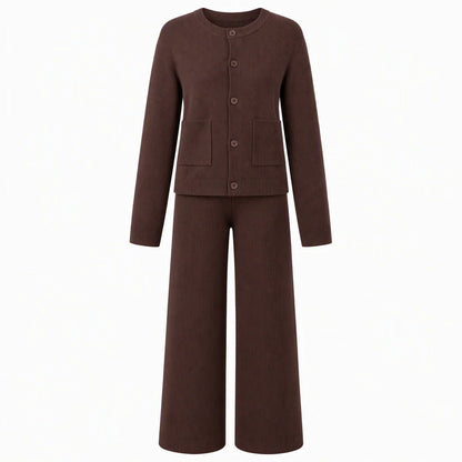 Women's Elegant Ribbed Knit Cardigan & Wide-Leg Trouser Set