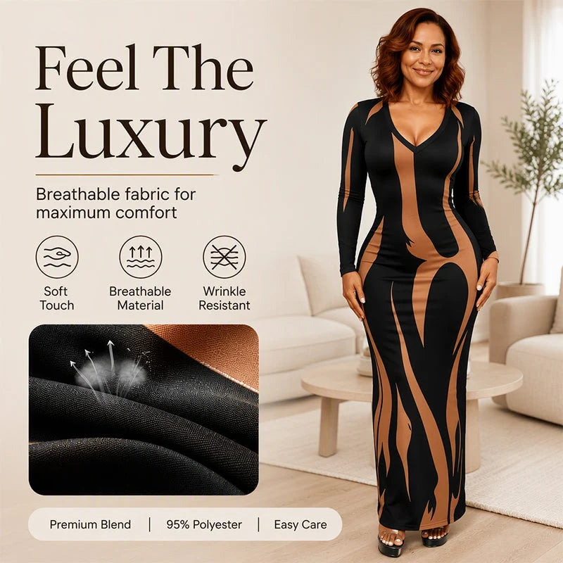 Women's Printed Long Sleeve Fitted Maxi Dress