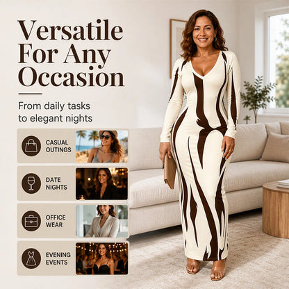 Women's Printed Long Sleeve Fitted Maxi Dress
