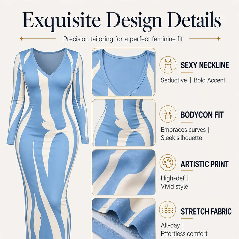 Women's Printed Long Sleeve Fitted Maxi Dress