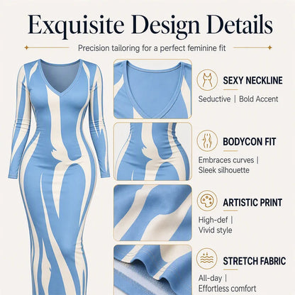 Women's Printed Long Sleeve Fitted Maxi Dress