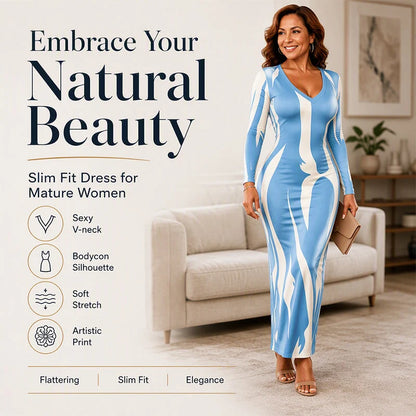 Women's Printed Long Sleeve Fitted Maxi Dress