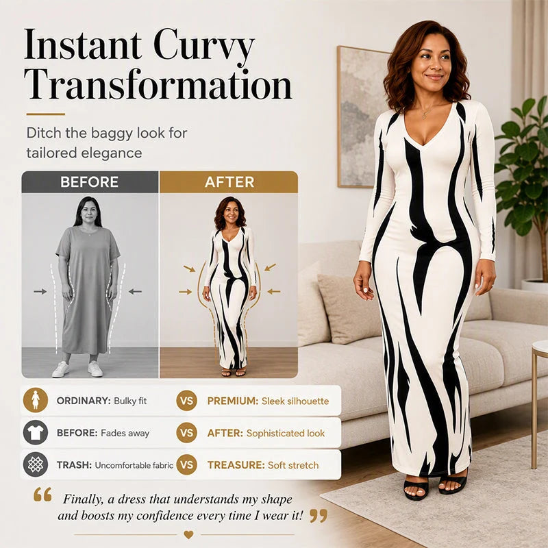 Women's Printed Long Sleeve Fitted Maxi Dress