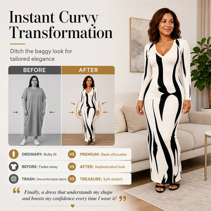 Women's Printed Long Sleeve Fitted Maxi Dress