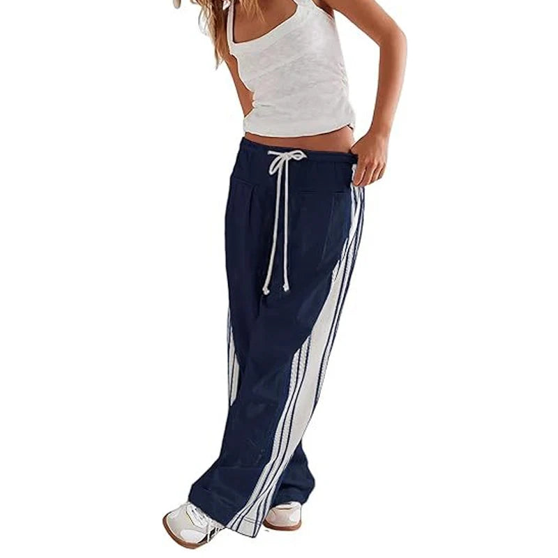 Women's Striped Drawstring Wide-Leg Trousers