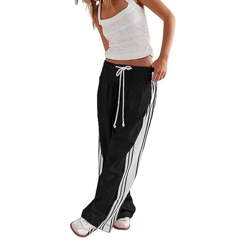 Women's Striped Drawstring Wide-Leg Trousers