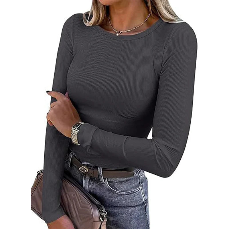 Women's Ribbed Crew Neck Long Sleeve Top
