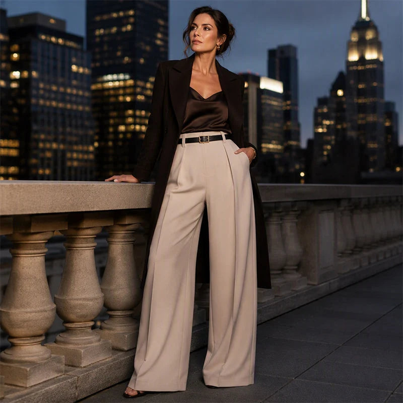 Women's High-Waisted Draped Wide-Leg Trousers