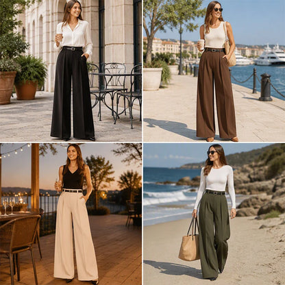 Women's High-Waisted Draped Wide-Leg Trousers