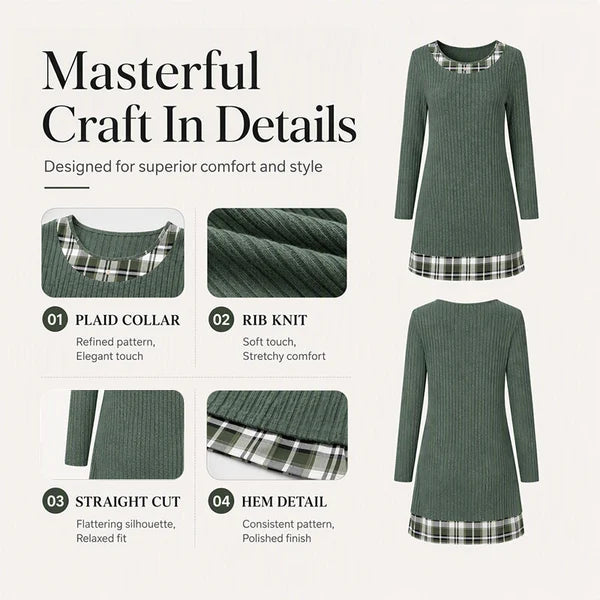 Women's Elegant Ribbed Knit Plaid Trim Dress
