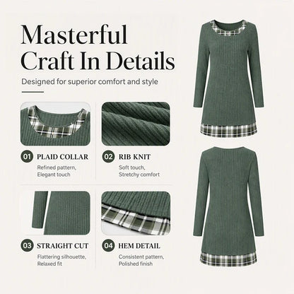Women's Elegant Ribbed Knit Plaid Trim Dress