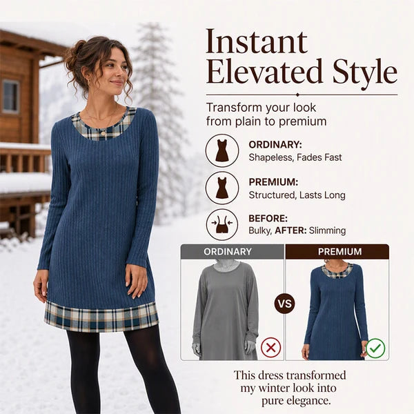 Women's Elegant Ribbed Knit Plaid Trim Dress