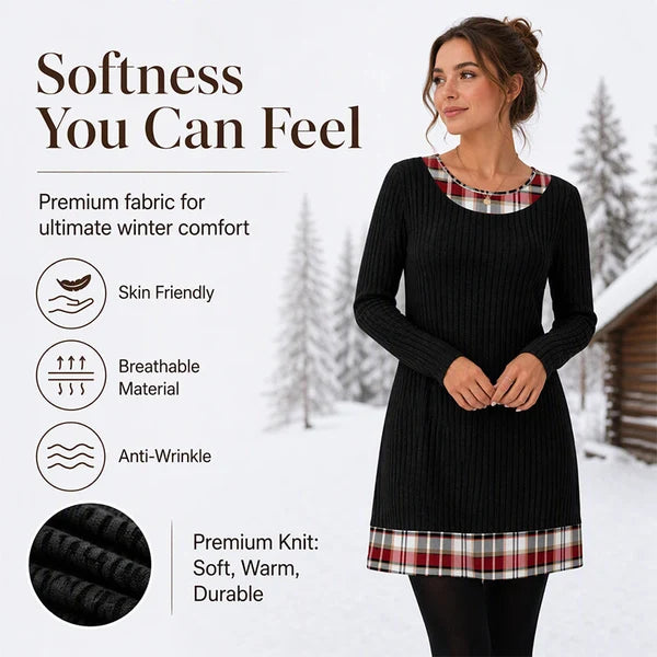 Women's Elegant Ribbed Knit Plaid Trim Dress