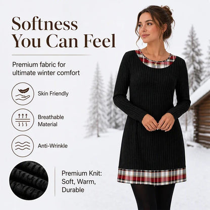Women's Elegant Ribbed Knit Plaid Trim Dress