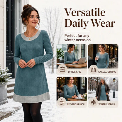 Women's Elegant Ribbed Knit Plaid Trim Dress