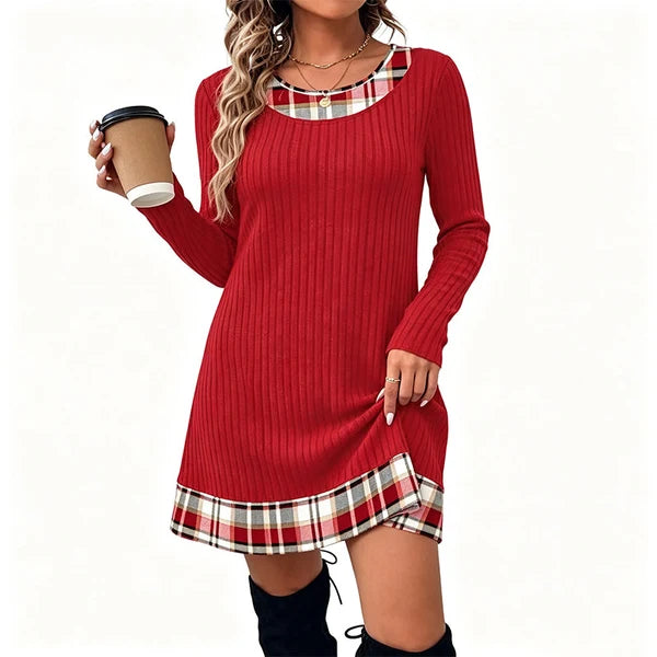 Women's Elegant Ribbed Knit Plaid Trim Dress