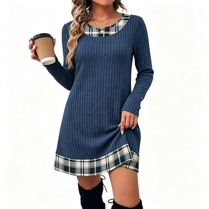 Women's Elegant Ribbed Knit Plaid Trim Dress