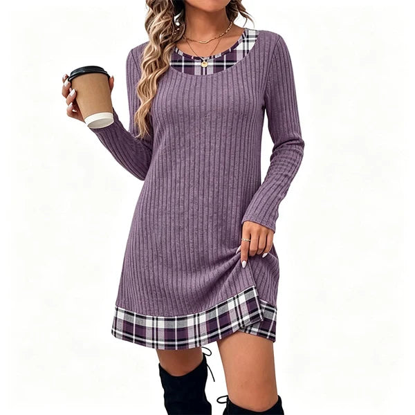 Women's Elegant Ribbed Knit Plaid Trim Dress