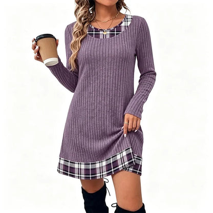 Women's Elegant Ribbed Knit Plaid Trim Dress