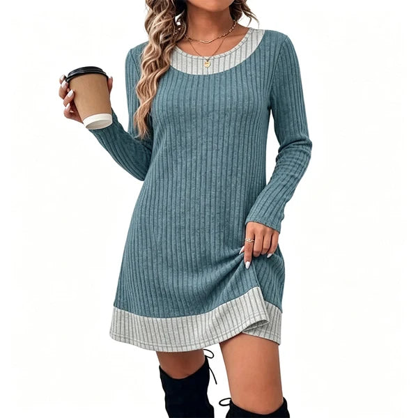 Women's Elegant Ribbed Knit Plaid Trim Dress
