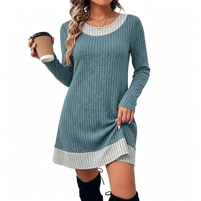 Women's Elegant Ribbed Knit Plaid Trim Dress