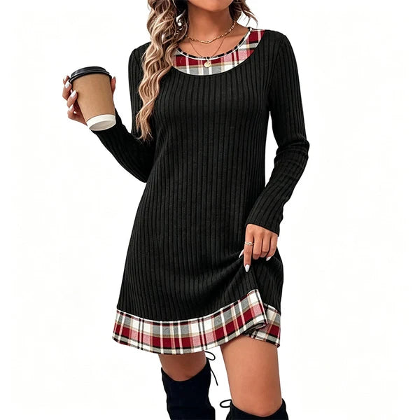 Women's Elegant Ribbed Knit Plaid Trim Dress