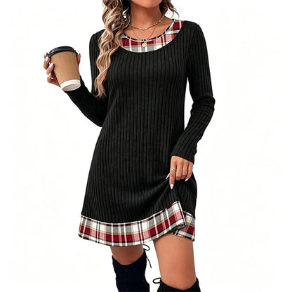 Women's Elegant Ribbed Knit Plaid Trim Dress