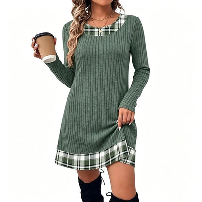 Women's Elegant Ribbed Knit Plaid Trim Dress